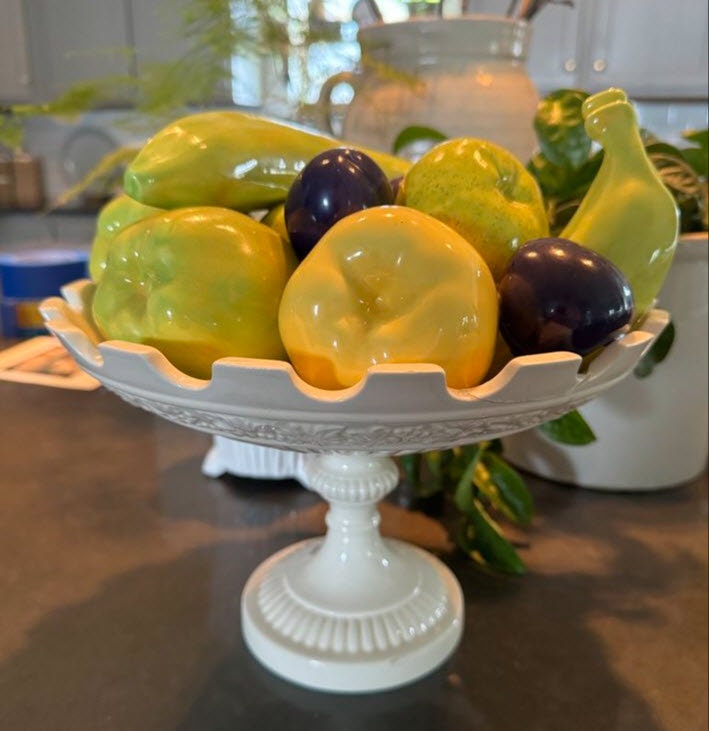 Hand Painted Clear Glazed Ceramic Fruit in White Pedestal Bowl