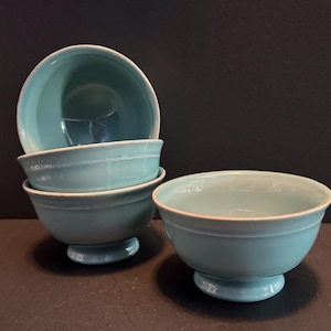 Set of Four Pottery Barn Teal Blue Cambria Pedestal Bowls - Made in Portugal