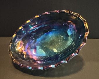 Indiana Glass Iridescent Blue Harvest Range Oval Footed Fruit / Salad Bowl Carnival Glass