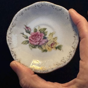 Unmarked Small Porcelain Dish - Pink and Yellow Roses with Gold Trim