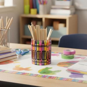 Pode incluir: Um recipiente cilíndrico transparente decorado com lápis de cor coloridos, cheio de palitos de madeira. O recipiente está sobre uma mesa com materiais de arte, incluindo tesouras e fita adesiva. A mesa tem um design colorido.