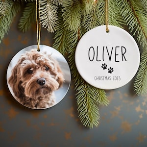 Dog Personalized Name Ornament, Custom Dog Christmas Ornament, Dog Keepsake Ornament, Gift for Dog Lover, 2 Sided Dog Picture Ornament