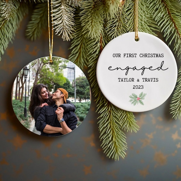 First Christmas Engaged photo ornament, Personalized Christmas Engagement ornament front and back, Christmas photo ornament, Double sided