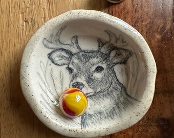 A Hand Drawn BUCK DEER with Antlers on a hand made ceramic ring dish, cupcake holder Artist Drawn OOAK not a decal stamp or print Gift Ready