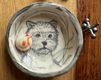 White Terrier Hand drawn on a Handmade Ceramic Ring Dish. Stone gray, Not a print, decal, or stamp. Artist Made, Each a Little Work of Art!