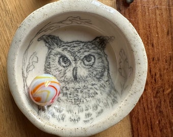 GREAT HORNED OWL, Hand Drawn on a Hand Made Ceramic Ring Dish. Artist Signed, Individually Drawn. Not a Print, Stamp or Decal, Ships Today!