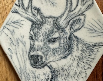 Artist Drawn REINDEER with ANTLERS on Hand Made Ceramic Ornament. Cork Backed, Bail for Hanging. Not a Decal, Print. Artist Made Gift