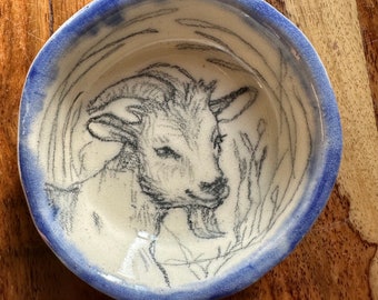 Adorable GOAT  Hand Drawn on Handmade Ceramic Ring Dish, Cupcake Holder, Tea Bag Holder, Not a Decal, Print, Stamp. Artist stamped an signed