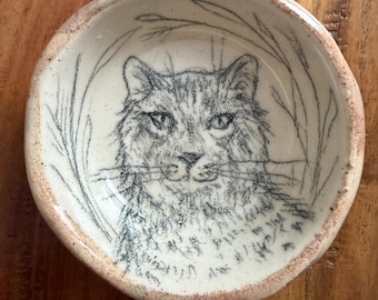 Wild Cat hand drawn on a Hand Made Ceramic Ring Dish, hold a Cupcake, salt cellar, butter pat dish, artist drawn and signed. Ooak gift