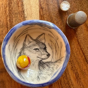 Clever FOX, Hand Drawn on Hand Made Ceramic Ring Dish, Artist Signed Not a decal stencil or stamp. Individually drawn small work of art OOAK image 1