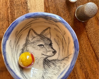 Clever FOX, Hand Drawn on Hand Made Ceramic Ring Dish, Artist Signed Not a decal stencil or stamp. Individually drawn small work of art OOAK