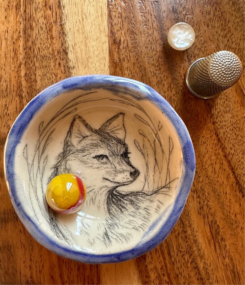 Clever FOX, Hand Drawn on Hand Made Ceramic Ring Dish, Artist Signed Not a decal stencil or stamp. Individually drawn small work of art OOAK image 1