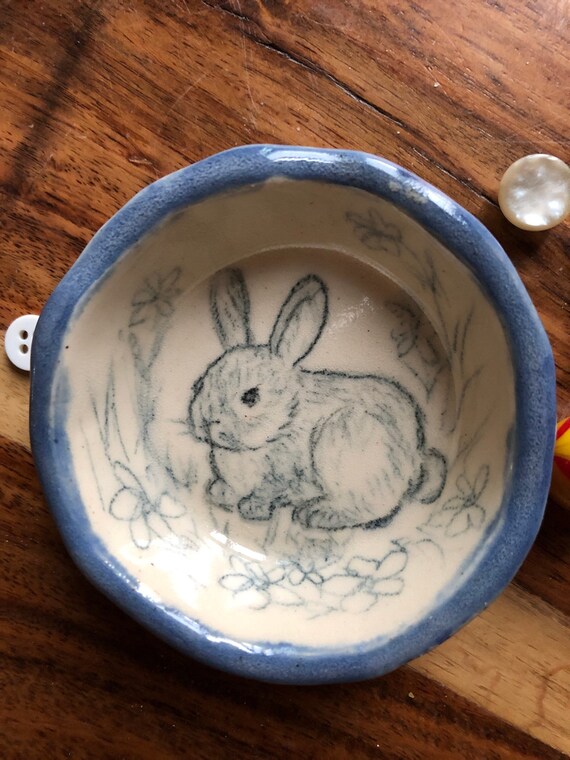 Cupcake Dish or Stencil Not a Decal Ships Today! Print Individually hand drawn Adorable Rabbit Hand Drawn on a Handmade Ceramic Ring