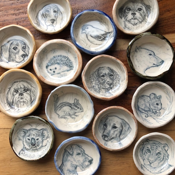 Custom Pet or Favorite Animal, hand drawn, hand made ring dish, tooth fairy, cupcake holder, Birthday, Grad, engagement gift, made by hand