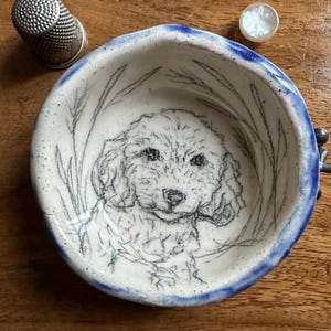 Adorable Toy Poodle Hand Drawn on Handmade Ceramic Ring Dish, Not a print, decal, or stamp, Original Artist signed, blue glaze rim
