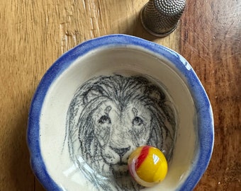 Hand Drawn Lion with Full Mane on a Hand Made Ceramic Dish, Perfect Size for Catchall Dish, Ring Dish, Spice Dish, Gift Ready, One of a Kind