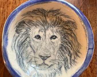 Hand Drawn Lion with Full Mane on a Hand Made Ceramic Dish, Perfect Size for Catchall Dish, Ring Dish, Spice Dish, Gift Ready, One of a Kind