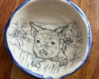 Adorable Hand Drawn Piglet on a Hand Made Ceramic Ring Dish, Tea Bag Dish. Not a print, decal, stamp. Original Art, Gift Ready, ooak art