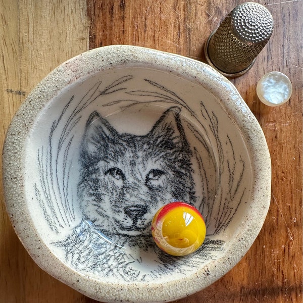 Hand Drawn WOLF on hand made Ceramic Ring Dish, Butter Pat, Salt Cellar, Tea Bag, Spice Dish Artist Drawn Gift, Not a Print, Decal, or Stamp