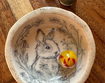 Fluffy Bunny Rabbit in soft grasses, flowers, hand drawn on hand made ceramic ring dish, speckled cream glaze, little work of art, OOAK gift