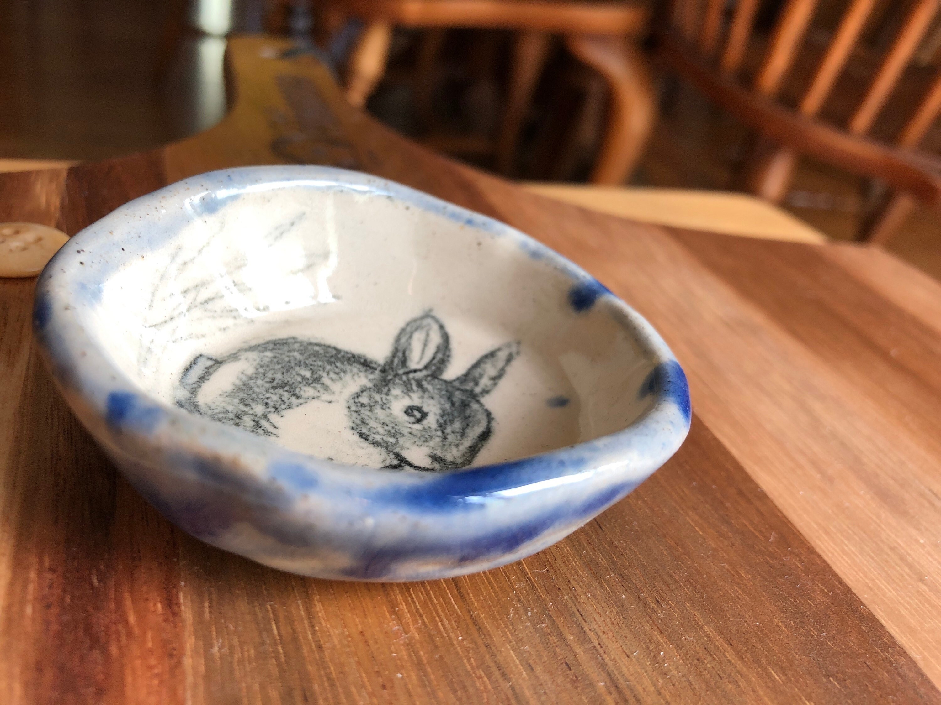 Cupcake Dish or Stencil Not a Decal Ships Today! Print Individually hand drawn Adorable Rabbit Hand Drawn on a Handmade Ceramic Ring