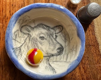 Hand Drawn Cow on a Hand Made Ceramic Ring Dish, Catchall. Will never scratch off. Not a print, decal, stamp. Original Art, Ships Today!