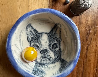 FRENCH BULLDOG hand drawn on a hand made ceramic ring dish, butter pat, spice dish, spice dish, artist made gift, gift ready item