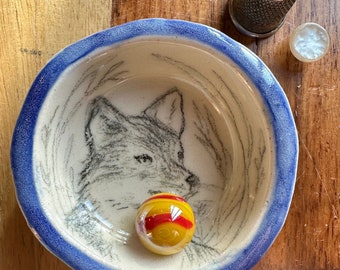 Adorable Fox, Artist Drawn on organically formed, Hand Made Ceramic Ring Dish Not a decal, stencil or stamp small work of art Gift under 25