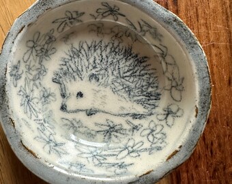 Artist Drawn HEDGEHOG in DAISY a Hand Made Ceramic Ring Dish, Cupcake Holder, One of a Kind Gift, Artist Signed and Stamped, stone, gray