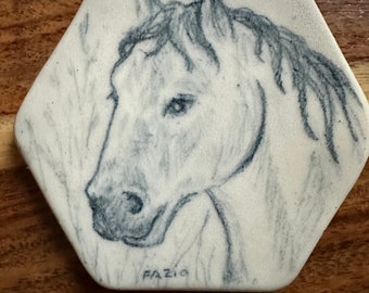 Beautiful White Horse Ornament, Hand Drawn on Hand Made Ceramic. OOAK Gift. Cork Backed, Artist Drawn, Not a Decal, Print. Heartfelt Gift