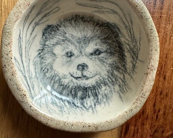 Teddy bear dog, hand drawn on a hand made ceramic ring dish, spice dish, bakery prep dish, speckled cream glaze, Artist stamped and signed