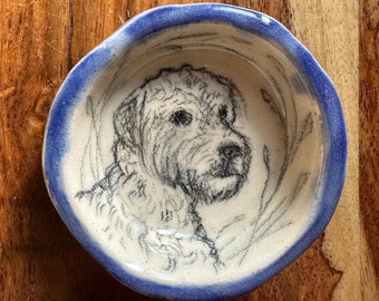 Adorable WHEATEN TERRIER, Hand Drawn on Hand Made Ceramic Small Dish Not a decal, stencil or stamp. Artist Signed and Stamped, blue glaze
