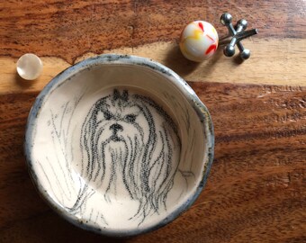 Adorable PEKINESE DOG Hand Drawn on a Hand Made Ceramic Ring Dish, Cupcake Holder, Not a print, decal, or stamp. OOAK, Artist Made Gift
