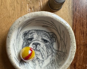 Bulldog Ring Dish Hand Drawn Handmade Catchall Dish, Foodsafe, Perfect for Dog Lovers, Bulldog Fans. Artist signed and stamped, gift ready