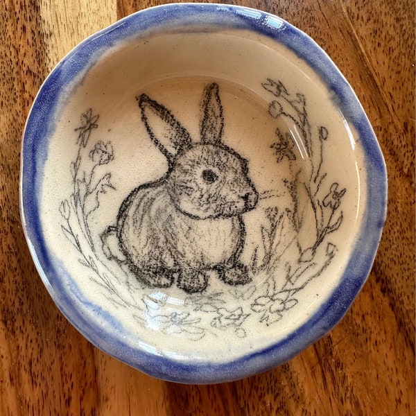 Small Small Hand Drawn Bunny Rabbit on a Hand Made Ceramic Ring Dish, OOAK Gift, not a print, decal, or stamp. Deep Blue Glaze