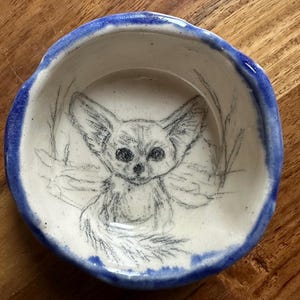 Adorable Big Ear Fennec Fox, Hand Drawn on Hand Made Ceramic Small Dish Not a decal, stencil or stamp. Individually drawn small work of art.