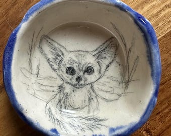 Adorable Big Ear Fennec Fox, Hand Drawn on Hand Made Ceramic Small Dish Not a decal, stencil or stamp. Individually drawn small work of art.
