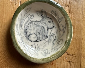 Fluffy Tailed Baby Bunny Rabbit, hand drawn on hand made ring dish, green glaze, cupcake holder, tooth fairy dish, Artist signed, OOAK gift