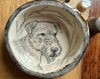 Hand Drawn AIREDALE TERRIER on Hand Made Ceramic, Ring Dish, artist drawn, original art. Signed and stamped. Stone gray glaze, OOAK gift
