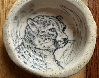 Beautiful CHEETAH Hand Drawn on Handmade Ceramic Ring Dish, Artist Signed. Grass Green Glaze, Not a print, decal, stamp. Original Art, OOAK