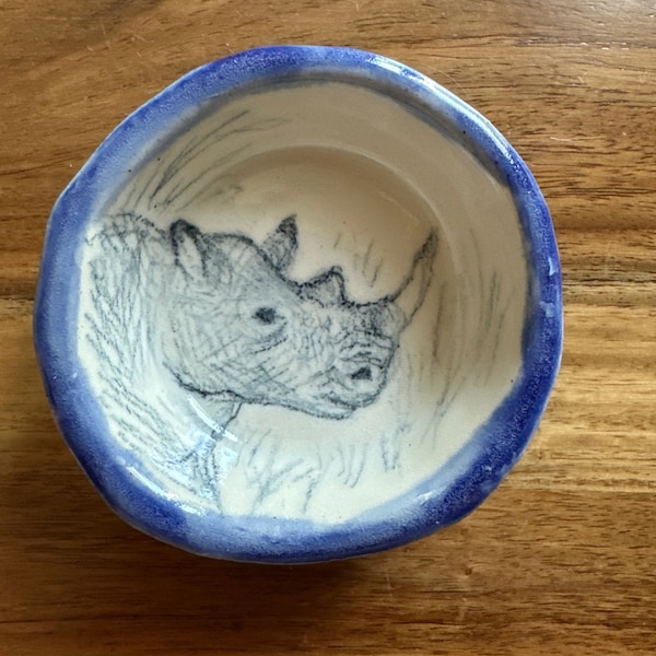 Hand Drawn RHINO on hand made Ceramic! 3" Round Animal Ring Dish. Foodsafe Glazes. Individually Drawn Art! Not a Print, Decal or Stamp, ooak