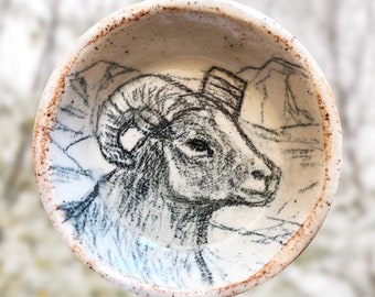 Hand Drawn Bighorn Sheep Ring Dish,  Hand made Ceramic, Candle Holder, Catchall Dish, Artist Drawn, Not a Decal, Stamp, or Print. OOAK