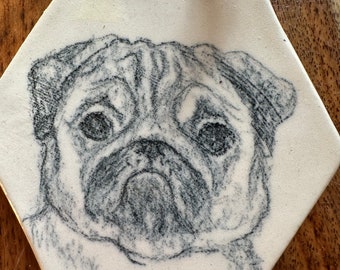 Artist Drawn PUG DOG on Hand Made Ceramic Ornament. Cork Backed, Bail for Hanging. Not a Decal, Stencil or Tracing. ooak, Artist Made Gift