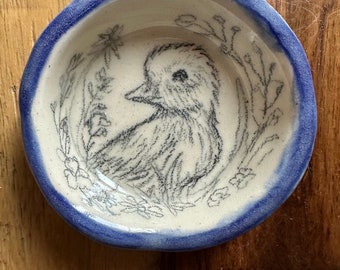 Artist Drawn baby duck in wildflowers on a Hand Made Ceramic Ring Dish, Cupcake Holder, One of a Kind Gift, Artist Signed and Stamped, Blue