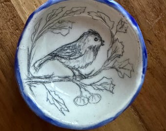 Black Capped Chickadee in Cherry Tree Organic Shaped Ceramic Ring Dish, Cupcake Holder, Heartfelt Gift, Hand Drawn, Artist Signed, ooak gift