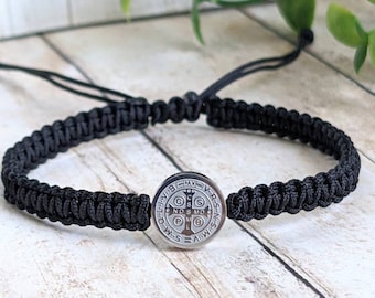 Saint Benedict Macrame Bracelet: Stainless Steel Medal, Unisex Charm