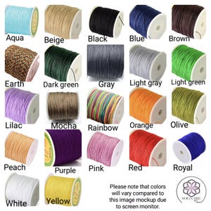 May include: A collection of 20 spools of waxed cotton cord in various colors, including aqua, beige, black, blue, brown, earth, dark green, gray, light gray, light green, lilac, mocha, rainbow, orange, olive, peach, purple, pink, red, royal, white, and yellow.