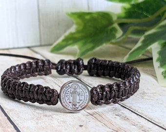 Men's Saint Benedict Bracelet: Stainless Steel Protection Macrame