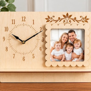 Laser-Cut Wooden Clock with Family Photo Frame, Floral Engraved Keepsake Gift
