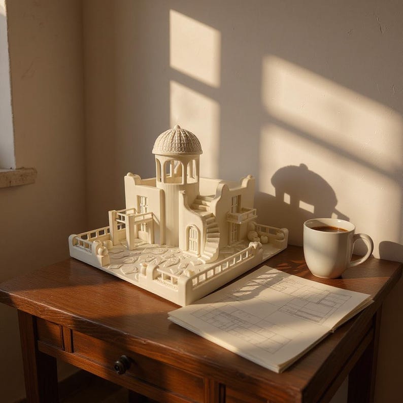 May include: A detailed, off-white architectural model of a building with a domed roof, balconies, and stairs. A white mug with coffee and a stack of papers sit on a wooden table, illuminated by sunlight.